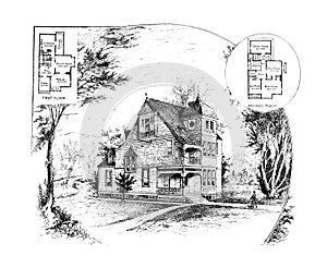 Antique Picture. Illustration on house subject.