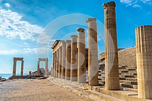 Antique pillars of a beautiful acropolis of Lindos