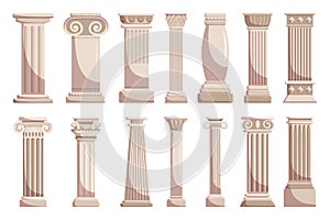 Antique Pillars Isolated On White Background. Ancient Classic Stone Columns Of Roman Or Greece Architecture Illustration