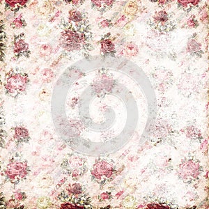 Antique pink and red shabby chic rose repeat pattern wallpaper