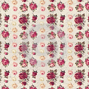 Antique pink and red shabby chic rose repeat pattern wallpaper