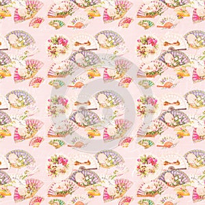 Antique Pink Victorian Fan and Flowers Pattern Background