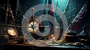 antique pirate collections, rare items, compass, pirate spyglass, candle, treasures video animation