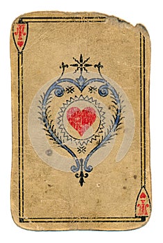 Antique playing card ace of hearts isolated on white