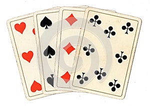 Antique playing cards showing four eights.