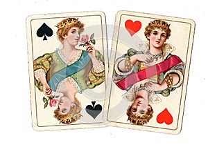 Antique playing cards showing a pair of queens.