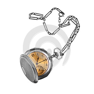 Antique pocket watch on a chain with open lid.