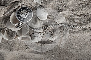 Antique pocket watch and shells in sand on the beach. Upside Down