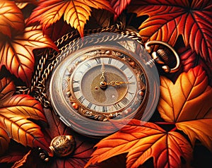 Antique Pocket Watch Surrounded by Autumn Leaves