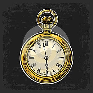 Antique pocket watch. Vector vintage color engraved illustration.