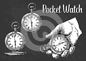 Antique pocket watch. Vector vintage engraved illustration.