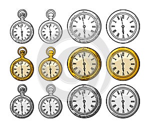 Antique pocket watch and wall clock. Vector engraving