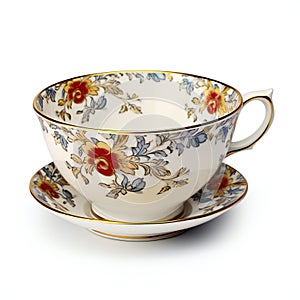 Antique porcelain tea cup with floral pattern isolated on white background
