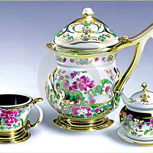 Antique porcelain tea set with teapot and cup Generative AI