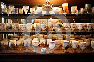 antique porcelain teacups in a glass cabinet