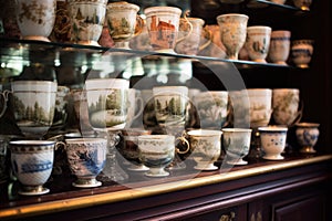 antique porcelain teacups in a glass cabinet