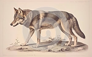 Antique portrait print of a wolf, lithograph reference book style. Generative AI