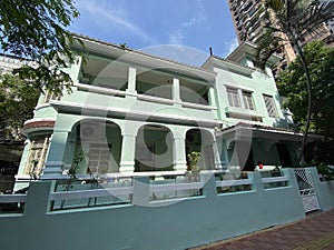 Portuguese Macau Colonial Architecture Macao Heritage Mansion Green Townhouses Avenida do Coronel Mesquita House Structure photo