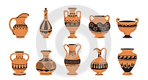 Antique pottery vases. Cartoon old vase, old pot, greek amphora, ancient urn with decorative ornaments and patterns
