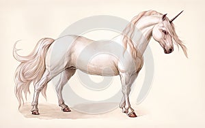 Antique print of a fictional unicorn, lithograph style. Generative AI