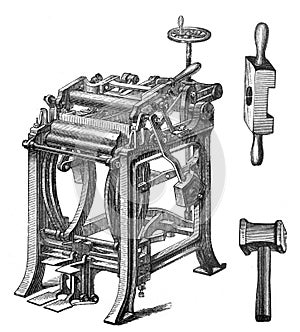 Antique printing machine / Antique engraved illustration from Brockhaus Konversations-Lexikon 1908