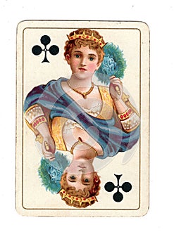 An antique queen of clubs playing card.