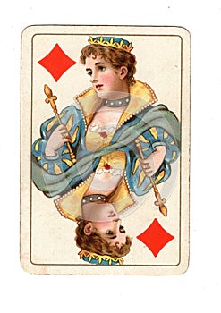 An antique queen of diamonds playing card.