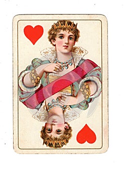 An antique queen of hearts playing card.