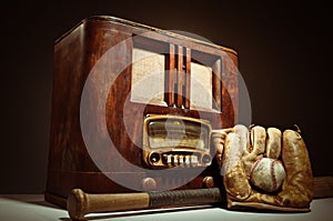 Antique Radio With Baseball Mit And Glove