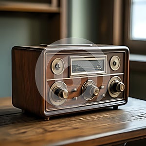 Antique radio on wooden table modern knob - generated by ai