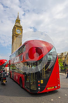 Antique red double decker bus, London, UK