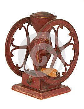 Antique red iron tabletop wheel coffee grinder