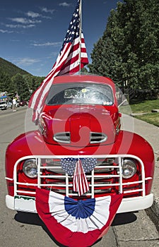 Antique Red Truck and US Flag, July 4, Independence Day Parade, Telluride, Colorado, USA