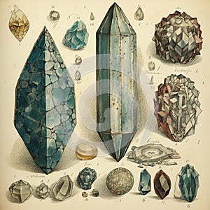 Antique retro book of minerals and gems, geology identification book,