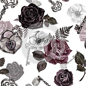 Antique retro gothic style seamless pattern with watercolor red, black and burgundy roses, vintage key and padlock on white