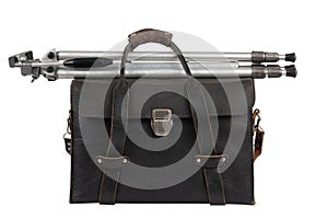 Antique retro leather camera bag vintage style with retro photo tripod