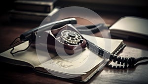 Antique rotary phone on desk, surrounded by old literature books generated by AI