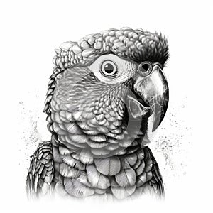Antique Round Glasses-Wearing Ara Parrot in Impressionistic Realistic Blackwork Style on White Background. Perfect for Invitations