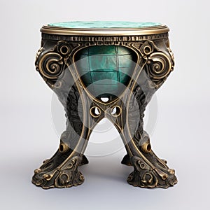 Antique Round Table With Green Globe - Zbrush Style Chromatic Sculptural Slabs