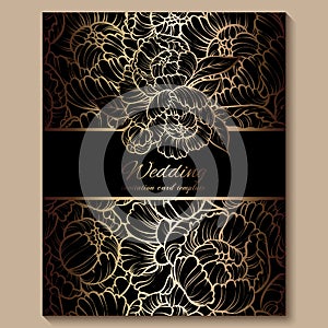 Antique royal luxury wedding invitation, gold on black background with frame and place for text, lacy foliage made of roses or