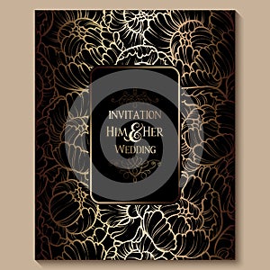 Antique royal luxury wedding invitation, gold on black background with frame and place for text, lacy foliage made of roses or