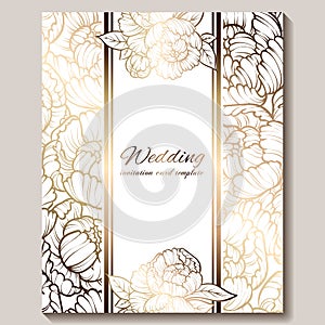 Antique royal luxury wedding invitation, gold on white background with frame and place for text, lacy foliage made of roses or