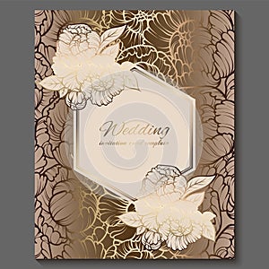 Antique royal luxury wedding invitation, gold on white background with frame and place for text, lacy foliage made of roses or