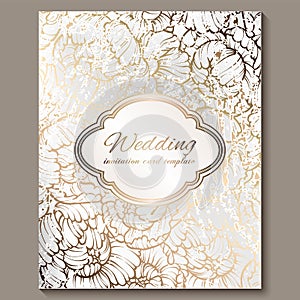 Antique royal luxury wedding invitation, gold on white background with frame and place for text, lacy foliage made of roses or