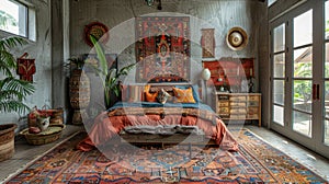 bohemian interior design, antique rugs, vibrant fabrics, and handmade decorations come together to form a warm, bohemian photo