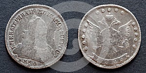Antique russian silver coin 15 kopecks 1765 photo