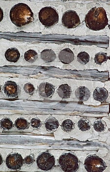 Antique Rustic Cordwood Log Cabin House Wall Background