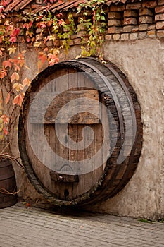 Antique rustic wooden empty background with old alcohol barrel