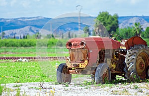 Antique rusty broken tractor abandoned on backyard almost overgrown by grass