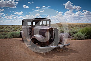 An antique, rusty car circa 1930 at the Petrified Forest National Park